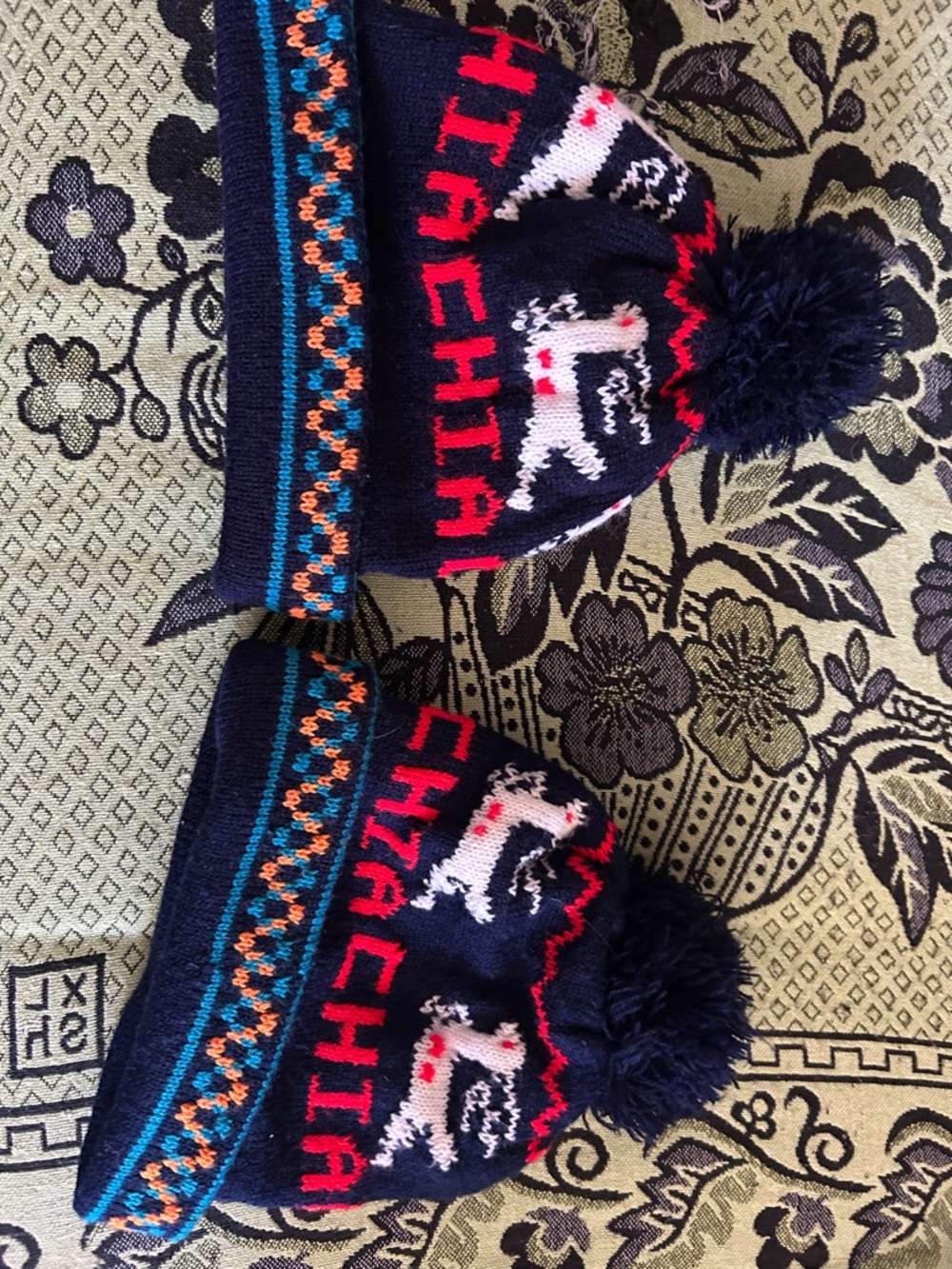 Navy Pom-Pom Knit Beanie Set with White Reindeer and Red Accents